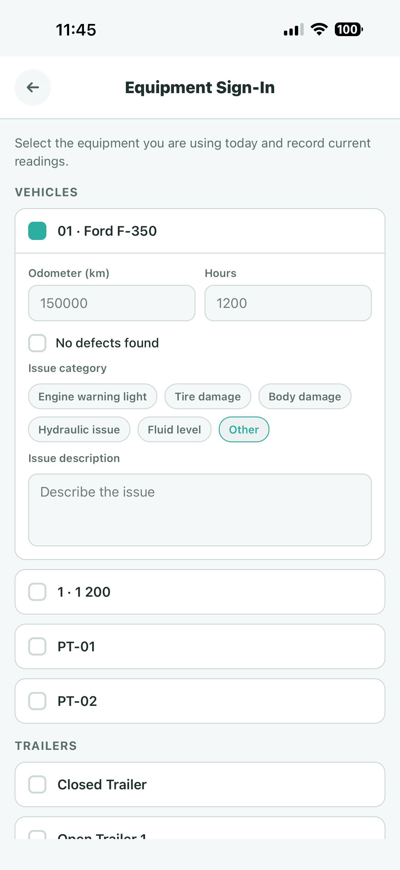 Crewscape mobile app — a crew member reporting equipment usage and issues from the field