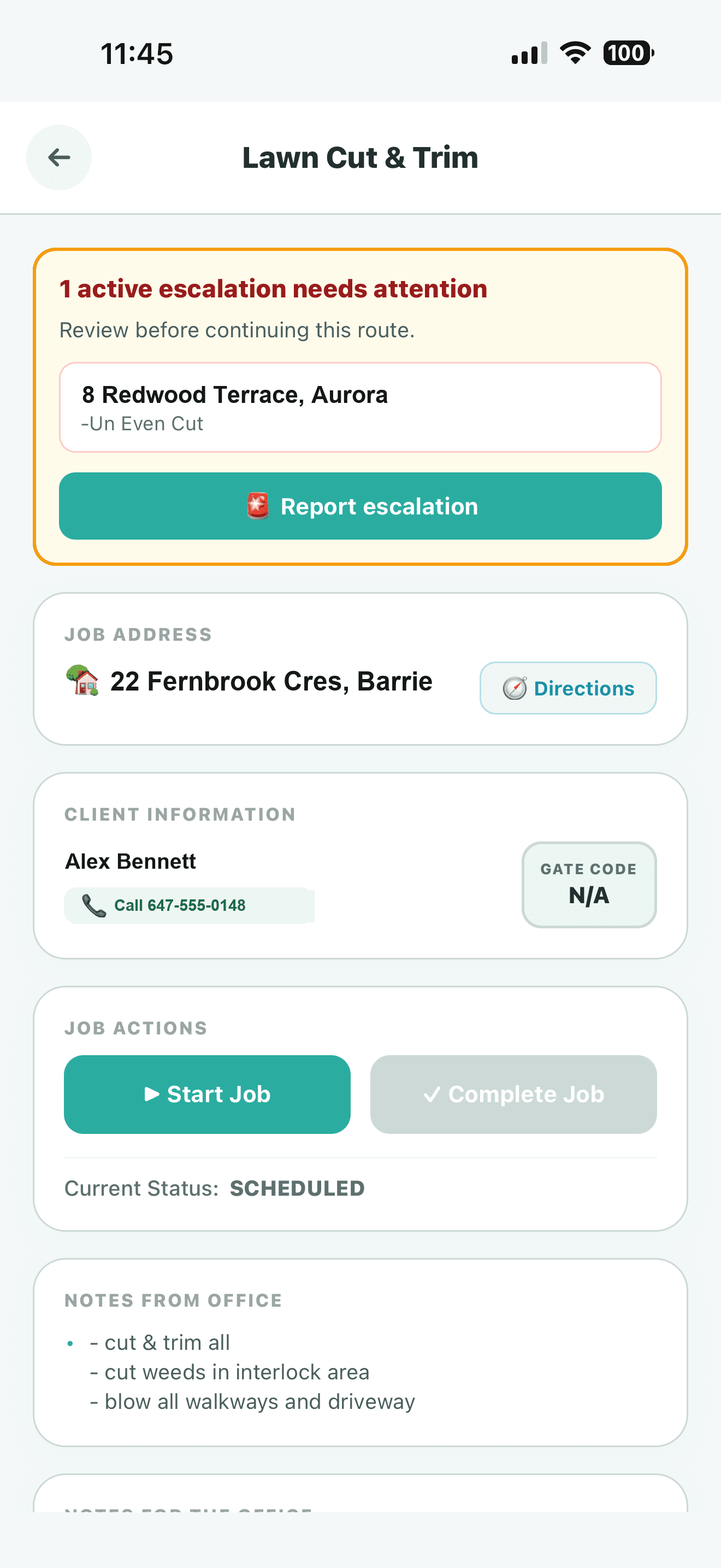 Crewscape mobile app — a crew member viewing a job with an active escalation and completing the service